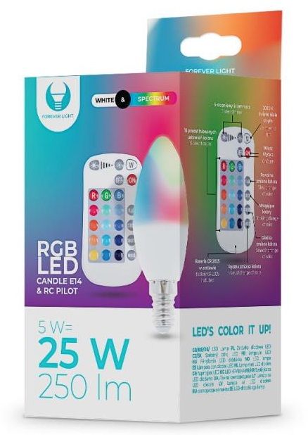 Forever LED žiarovka E14 C37 RGB 5W s diaľkovým ovládaním biela